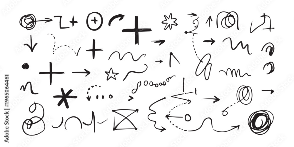 Naklejka premium Set of hand-drawn scribble elements. various arrows, circles, crosses, and other doodle shapes.