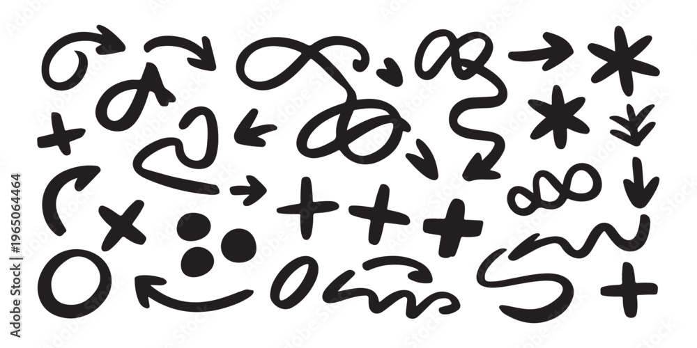 Naklejka premium Various hand-drawn arrows, plus signs, and abstract shapes. decorative doodle elements set.