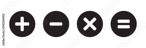 Basic four mathematical operator icons in solid black circles for interface design projects.