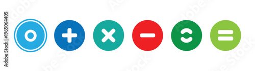 Colorful circle math operation buttons featuring zero plus multiply minus divide and equals.