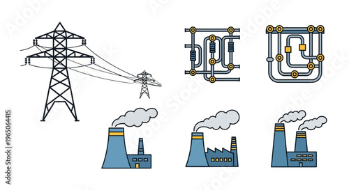 Illustration depicting electricity infrastructure, power stations, and industrial processes