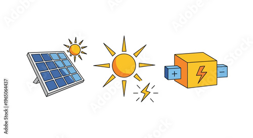 Illustration depicting solar panel, sun, and energy conversion components in cartoon style