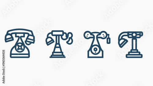 Line art of four vintage telephones in dark blue outlines against a white backdrop
