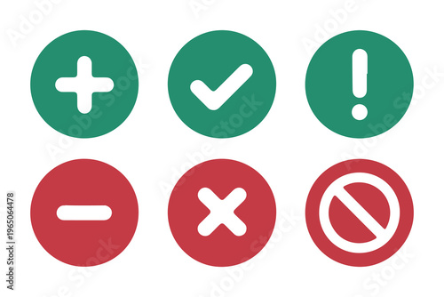 Set of colorful circular icons with positive and negative signs and symbols.