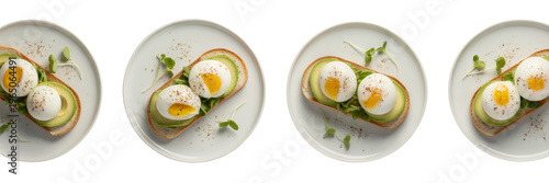 Avocado toast with eggs on white plates isolated on a transparent background