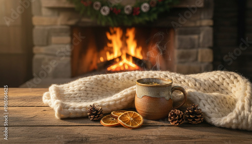 Coffee on Tabletop with Blurred Fireplace Background and Hygge Decor