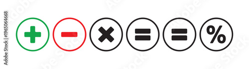 Colorful and black and white math operation icons plus minus multiply equals and percent signs.
