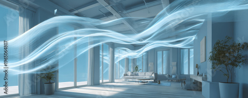 Modern living room clean air airflow blue interior minimal design large window natural light smart home freshness comfort modern living room with