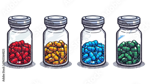 Colorful pills are inside glass containers in a neat row with white background