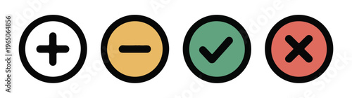 Plus minus checkmark and cross icons in circles with outlines.