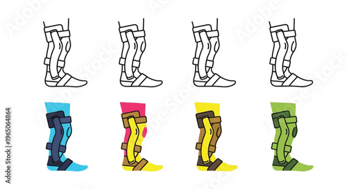 Illustrative depiction of colorful and monochrome leg braces or orthotics