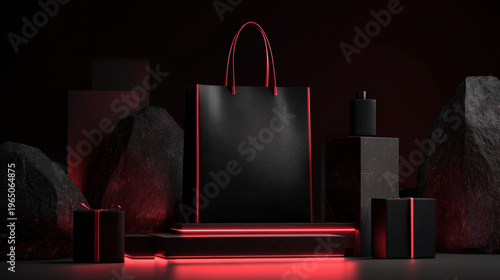 Luxury bag black handbag red light dark background fashion accessory modern design product display minimalist style sleek luxury bag dark