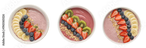 Bowls of fruit and oatmeal with different toppings isolated on a transparent background