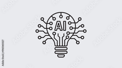 A black line drawing of a lightbulb with AI and circuit board inside on a white background