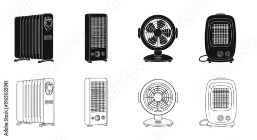 Selection of black and white electric heaters and cooling fans isolated icons