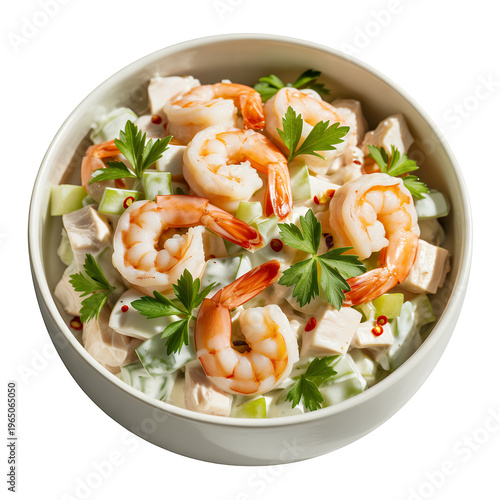 Bowl of shrimp and celery salad with herbs white isolated on a transparent background