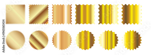 Set of gold square and circle stickers with wavy borders. Wiggly round and squared shining labels, badges, price tags, stamps, sale offers isolated on white background. Vector