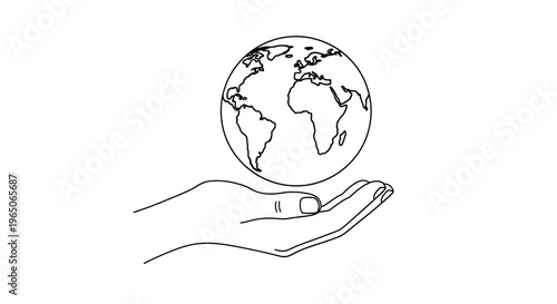 A hand gently cradles a line art depiction of the earth