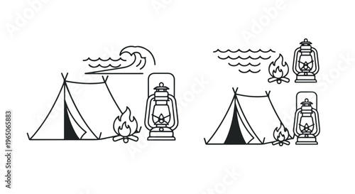 Camping icons, outdoor travel illustrations, vector tent and lantern sets, adventure symbols