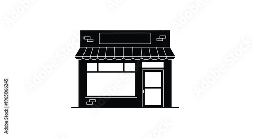 Simple black and white illustration of a storefront with a striped awning
