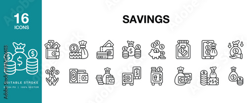 Savings icon set. Includes savings, money, finance, budget, investment and More. Editable Stroke Icon Collection.