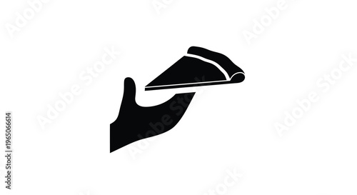 A black and white illustration of a hand offering a slice of pizza