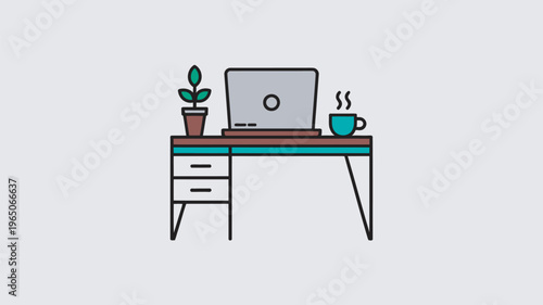 A minimalist workspace with a laptop, plant, and coffee cup on a desk