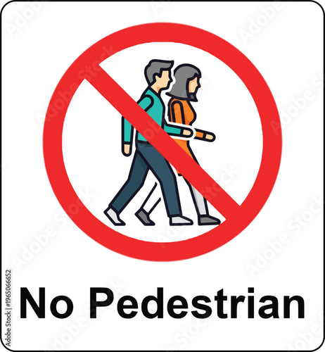 No Pedestrian Prohibition Sign with Walking Man and Woman Icons on White Background