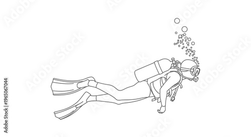 Line drawing of a scuba diver exploring underwater with bubbles