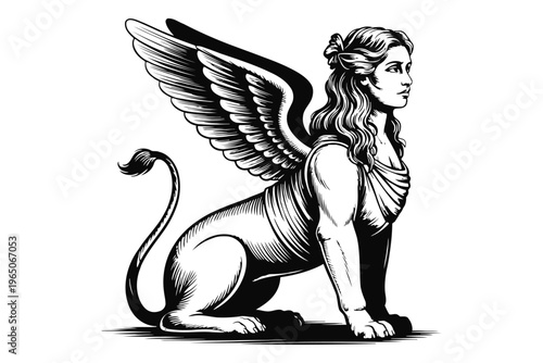 Black and white of a sphinx with wings and a human female face mythical creature human face