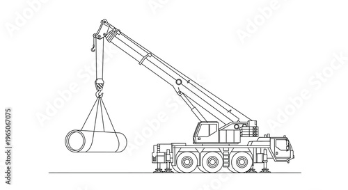 Line drawing of a mobile crane lifting a cylindrical object