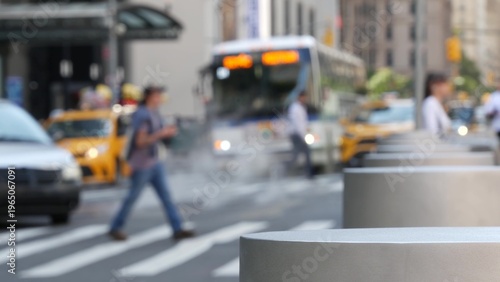 New York City Manhattan Downtown Financial District, United States. Defocused people pedestrians on Church street. Hot steam and zebra crosswalk on crossroad with Fulton street, USA. Yellow taxi car.