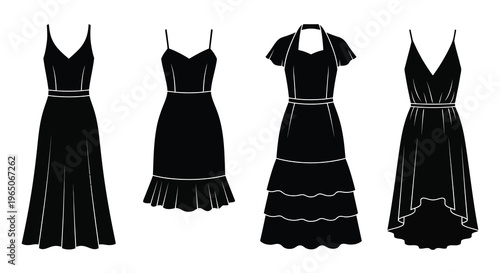 Four black dress silhouettes with varying necklines and lengths