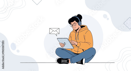 Young person with headphones using tablet, email notification, modern illustration, communication concept