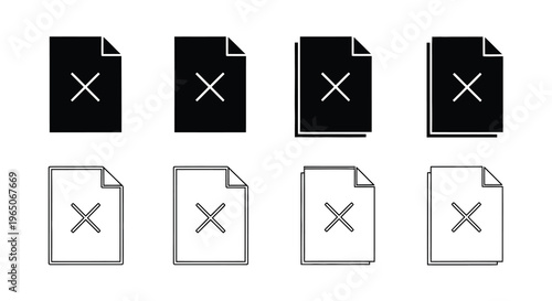 Four sets of black and white document icons with an x mark