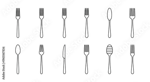 Black and white outline illustration of various silverware and dining utensils