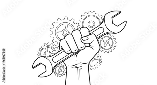 A clenched fist firmly gripping a wrench amidst intricate gear mechanisms