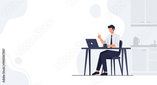 Man working on laptop at home, remote work concept, modern kitchen background