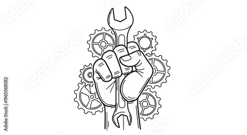A strong hand firmly grips a wrench with gears in the background