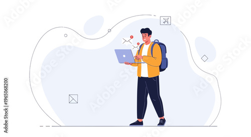 Young man with backpack using laptop, planning travel route with map on screen