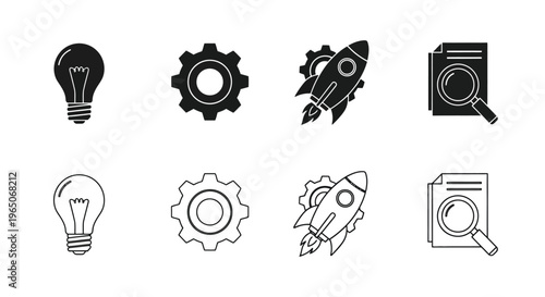Innovation icons lightbulb gears rocket document and magnifying glass