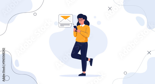 Woman using smartphone to send email, notification bubble with envelope icon