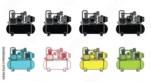 Four variations of black air compressors and four color variations