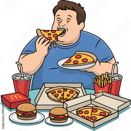 Binge eating vector illustration, overweight man eating a variety of fast food including pizza, burgers, and french fries, isolated on white background