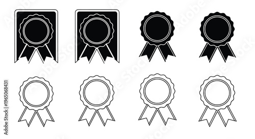Four sets of black and white award ribbons and rosette badges