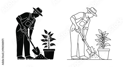 Two farmers gardening with plants and tools in a black and white illustration