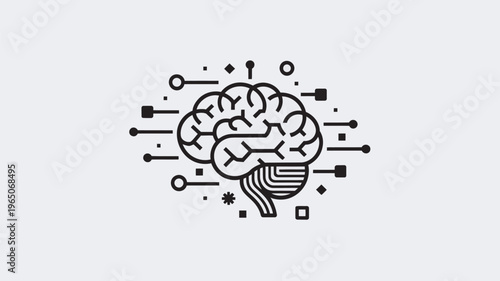 A stylized illustration of a human brain with technological elements and geometric shapes.