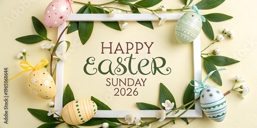Happy easter sunday 2026 floral border with decorated eggs and green twigs
