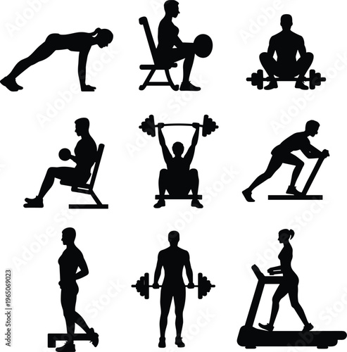 Flat vector illustration of gym workout silhouettes showing plank, bench press, treadmill running, dumbbell curls, squats, barbell lifts, fitness training