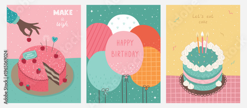 A collection of bright birthday cards. Hand drawn greeting cards. Vector illustration. Cake decoration, hand holding a cherry